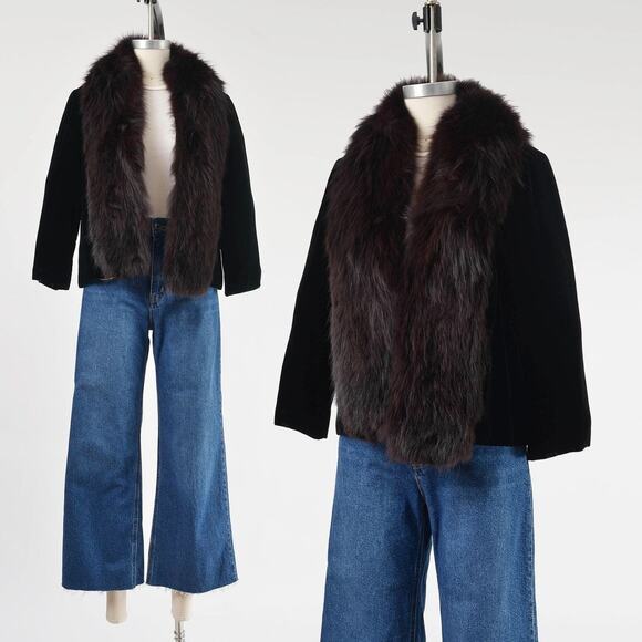 Vintage 60s Black Velvet Genuine Dark Brown Fur Neckline Cropped Jacket size S M